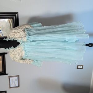 Vintage 60s Aqua Peignoir And Neglige With Lace Bell Sleeve Lingerie, Small